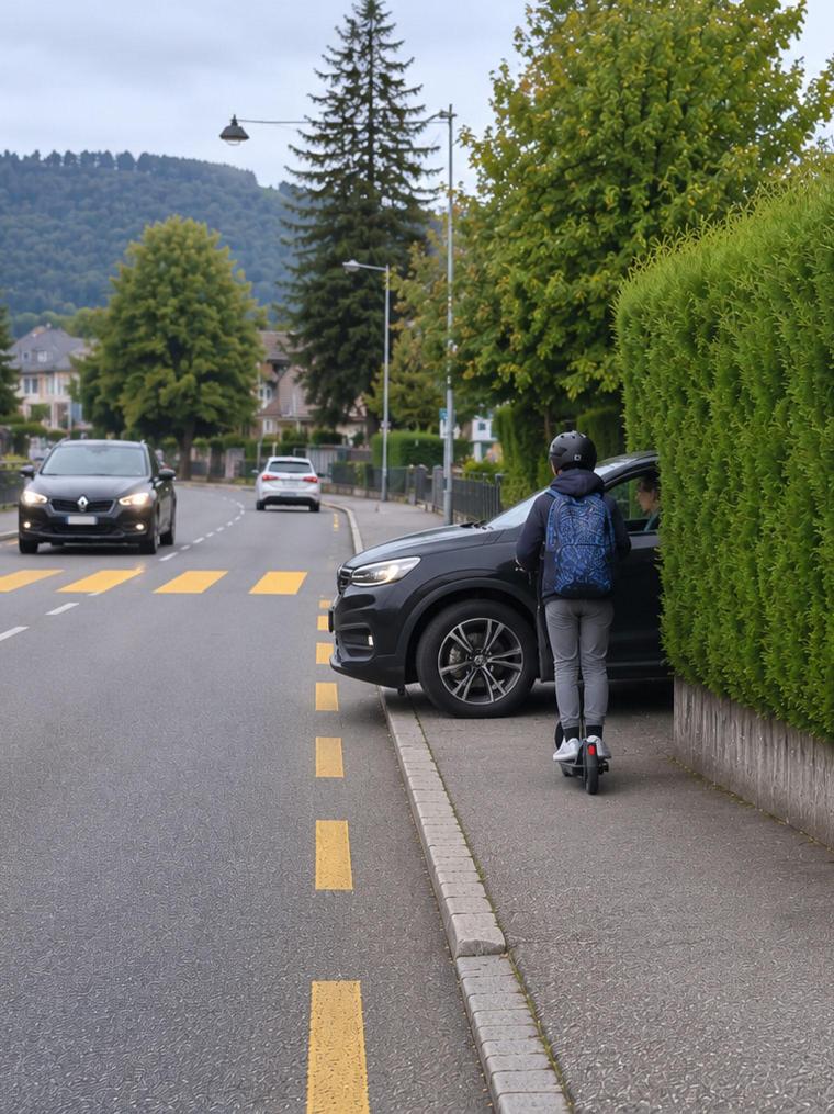 Un enfant en trotinette sur un trottoire se fait couper la route par une voiture